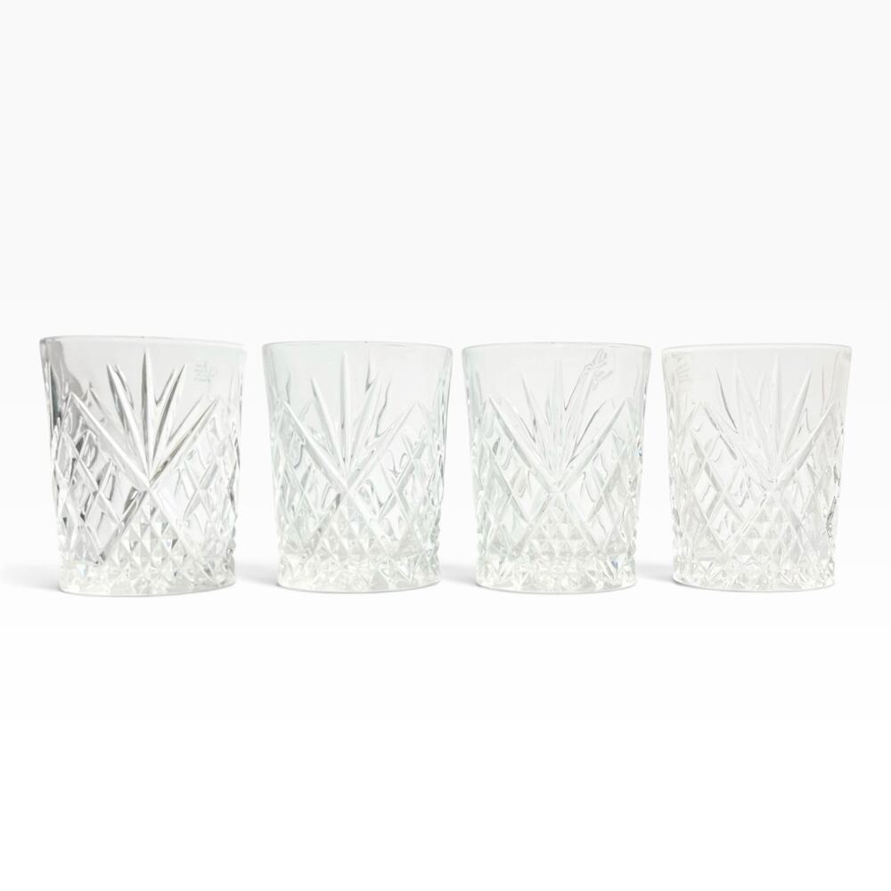 Vintage 4 Crystal Cocktail Old Fashioned Tumbler Glasses 4” 10oz Fan & X Cuts